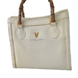 Valentino Christy Ostrich Embossed Bamboo Top Handle Bag White Brown Vintage